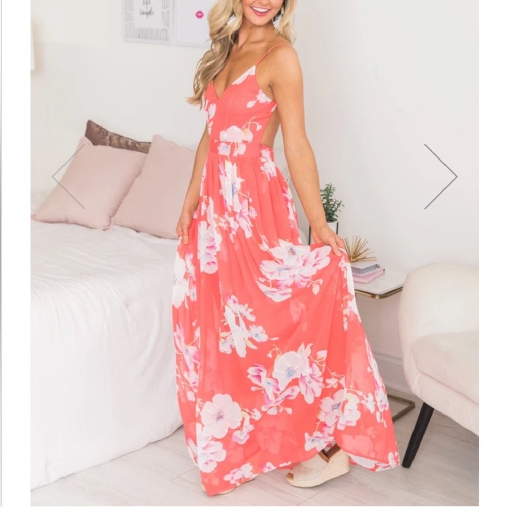 Pink Lily Boutique Medium Love at First Sight Maxi Dress Floral Coral Pink